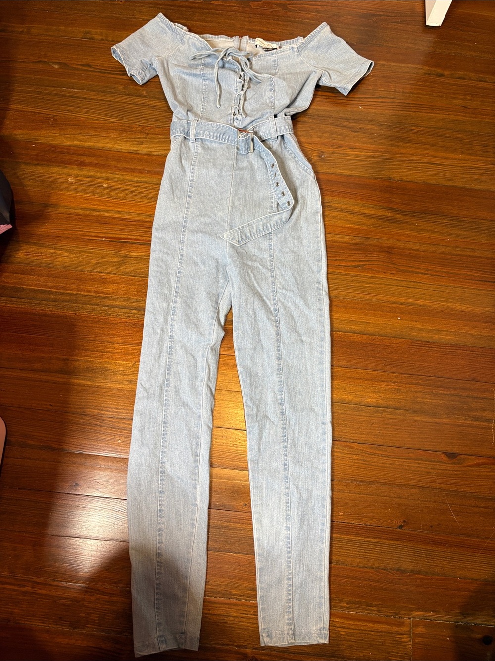 Off-Shoulder Light Blue Denim Lace-Up Jumpsuit with Self-Tie Belt